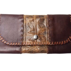 Vintage Handmade Leather & Crocodile Womens Wallet Whipstitch Brown READ